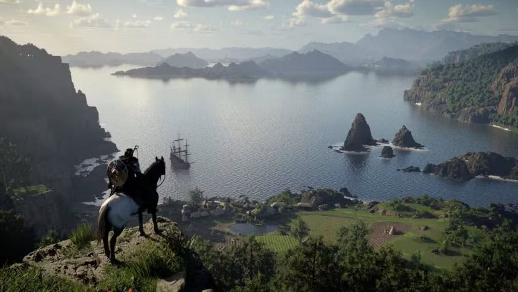 imagem do jogo crimson desert: jogador em cima de um cavalo admirando a vista do lago de uma montanha