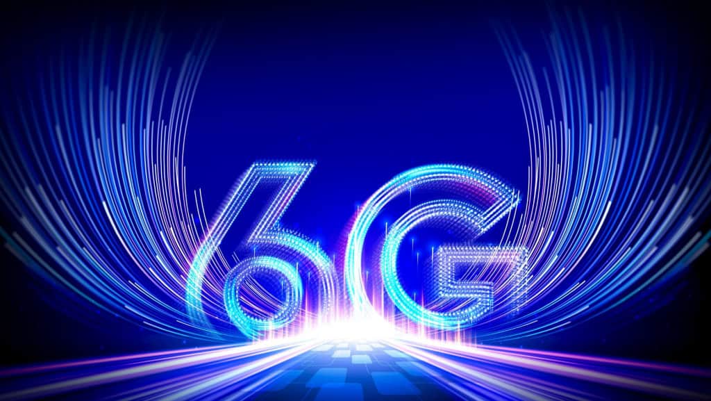 A imagem mostra "6G" no centro com vários fios saindo de dentro da palavra em alusão à velocidade da internet