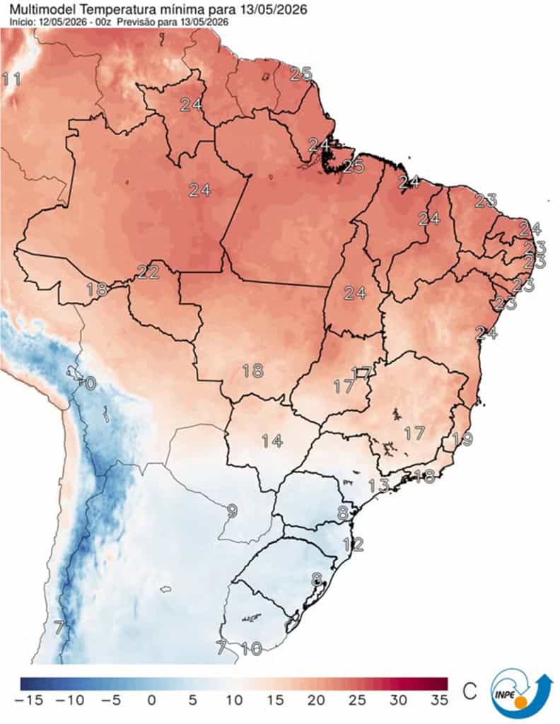 Mapa de temperatura para esta quarta-feira, 13 de maio