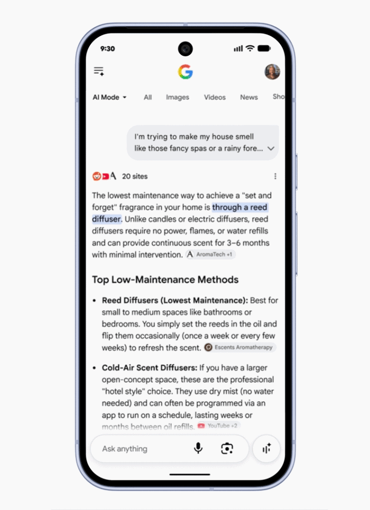 Print divulgado pelo Google sobre um usuário pesquisando com a Busca no Modo IA