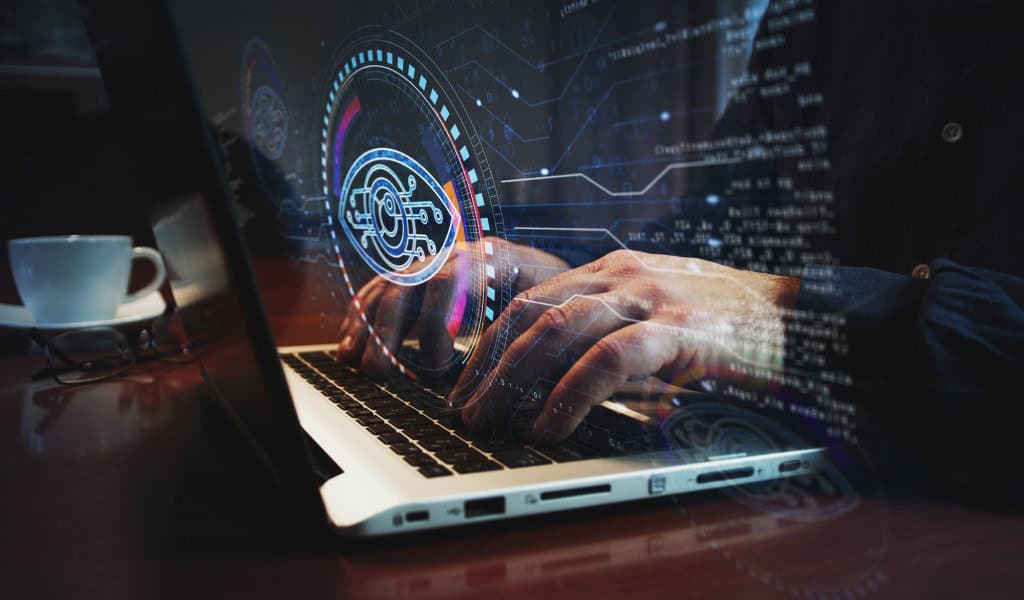 Ilustração representa monitoramento digital de funcionários por ferramentas de inteligência artificial no ambiente de trabalho.