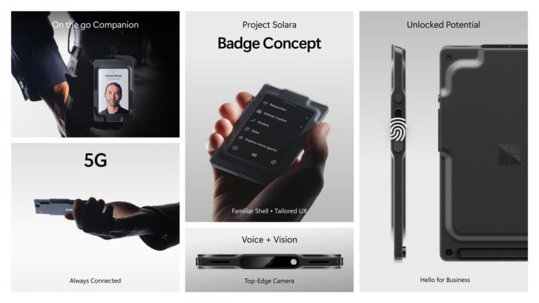 Conceito Badge do Project Solara, dispositivo portátil em formato de crachá com tela, leitor biométrico, câmera e conectividade 5G