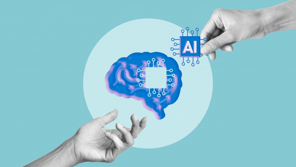 Ilustração de mãos humanas em volta de cérebro humano ilustrando a ideia e que a inteligência artificial (IA) é a peça que falta no órgão
