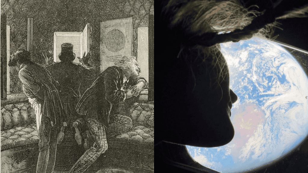Montagem das personagens de Julio Verne observando a "janela" da cápsula e ao lado uma astronauta observando a Terra pela cápsula da Artemis II