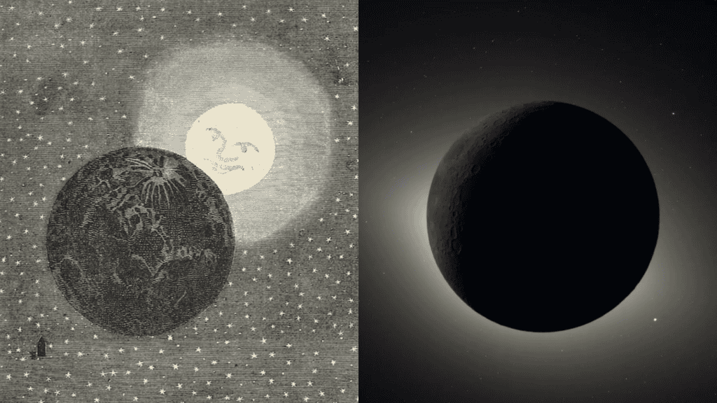 Observação lunar dos romances de Júlio Verne ao lado da imagem real do lado oculto da Lua