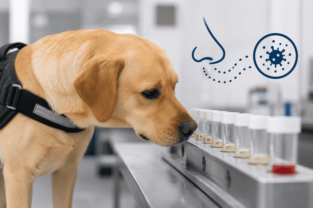 Cachorro farejando amostras de possíveis doenças.