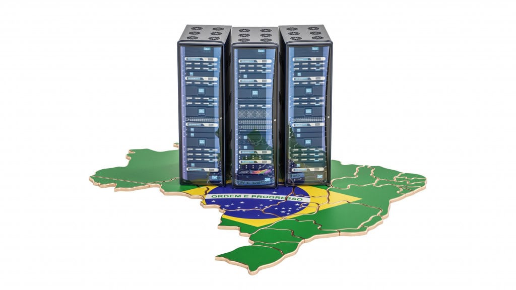 Ilustração de data centers em cima de mapa do Brasil