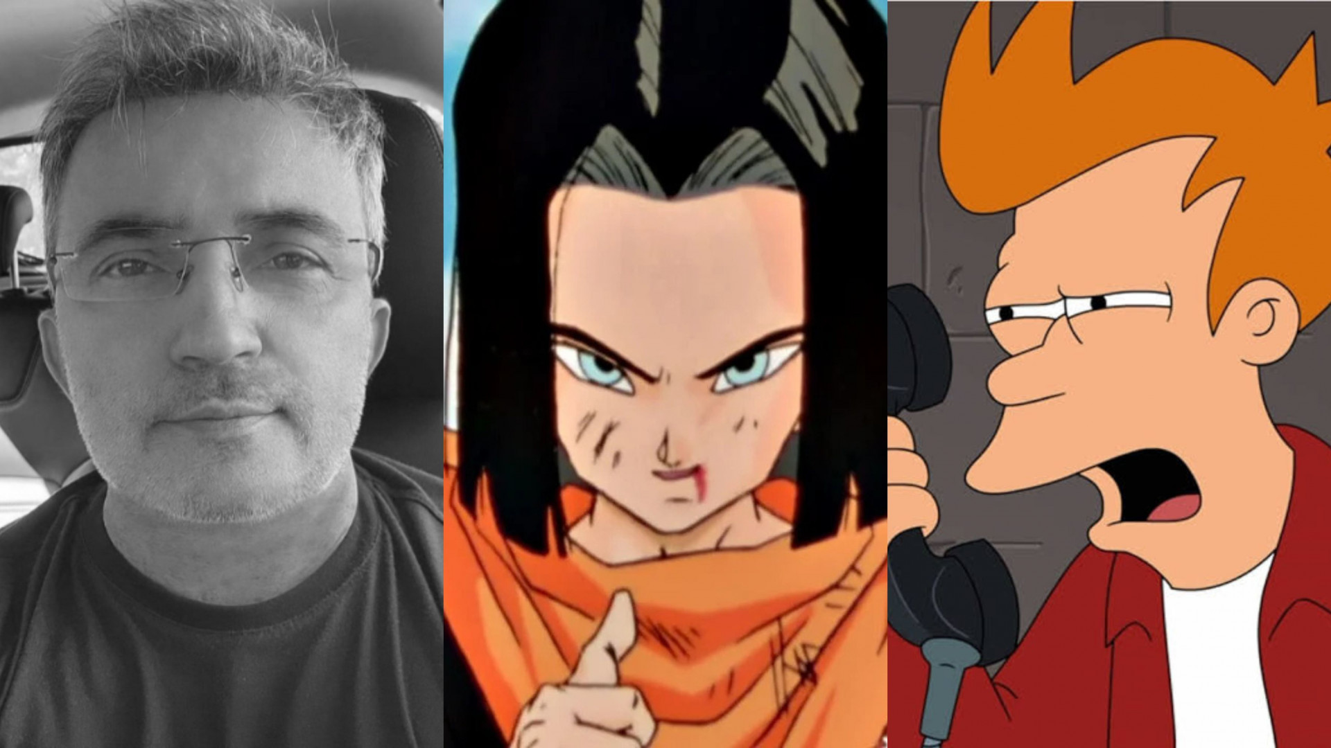 Montagem com foto de Figueira Junior e imagens do Andróide 17 e de Fry, personagens dublados por ele