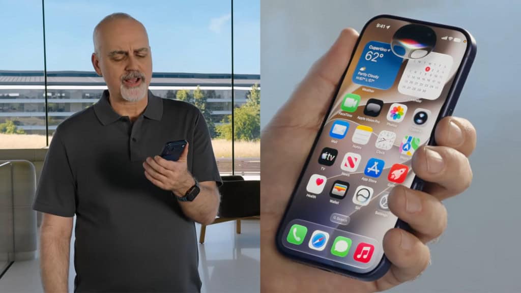 Montagem de imagens de homem usando nova Siri da Apple num iPhone