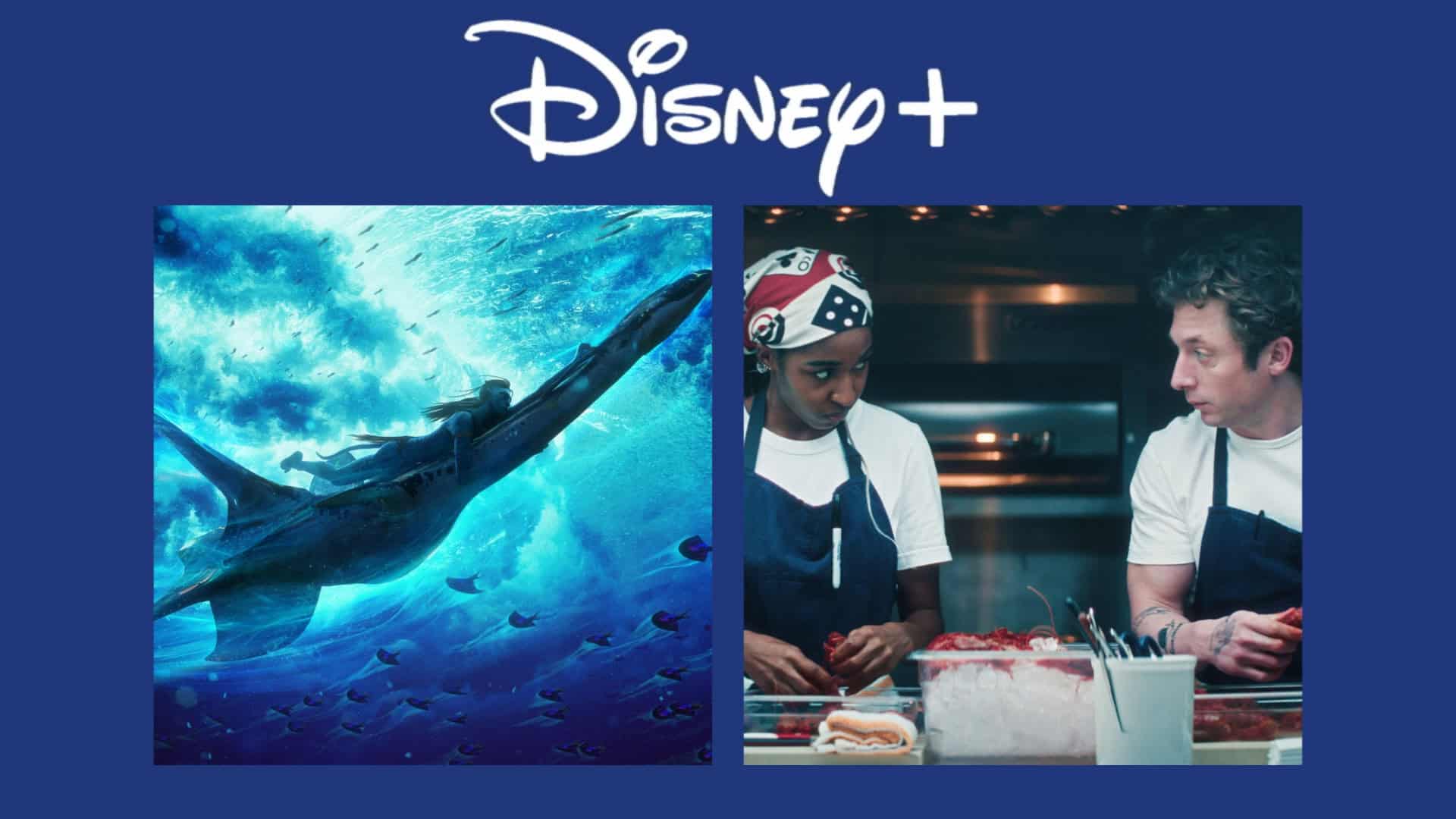 Montagem com o logo do Disney+ e imagens promocionais de Avatar: Fogo e Cinzas e da quinta temporada de O Urso, destaques da semana no streaming