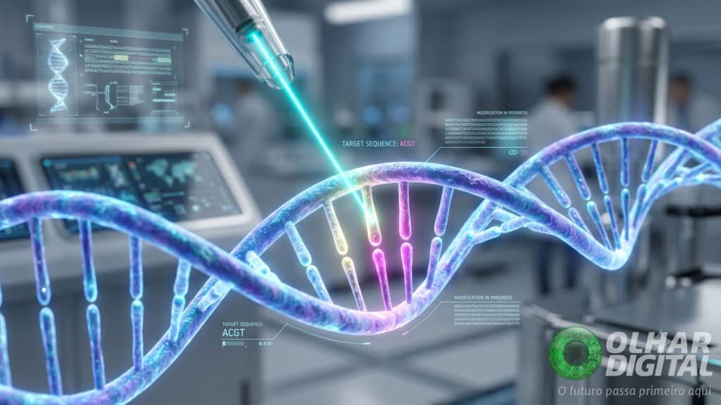 Close-up de uma estrutura de dupla hélice de DNA brilhante sendo modificada com precisão. Um feixe sutil de luz ciano, semelhante a um laser, incide sobre um único par de bases, alterando sua cor suavemente sem romper a cadeia.