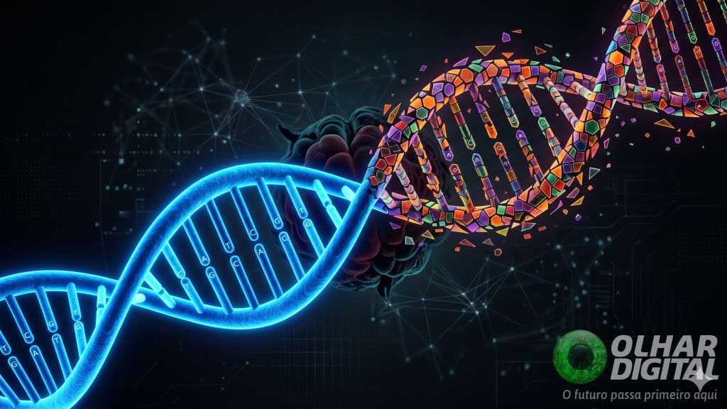 Obra de arte conceitual abstrata sobre genética humana. Uma fita de DNA dividida em dois padrões visuais distintos: uma metade perfeitamente alinhada e brilhando em azul neon, enquanto a outra metade se fragmenta em um complexo padrão de mosaico.