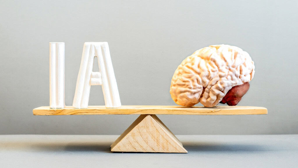 Balança de madeira com inteligência artificial de um lado e cérebro humano de outro, perfeitamente equilibrados