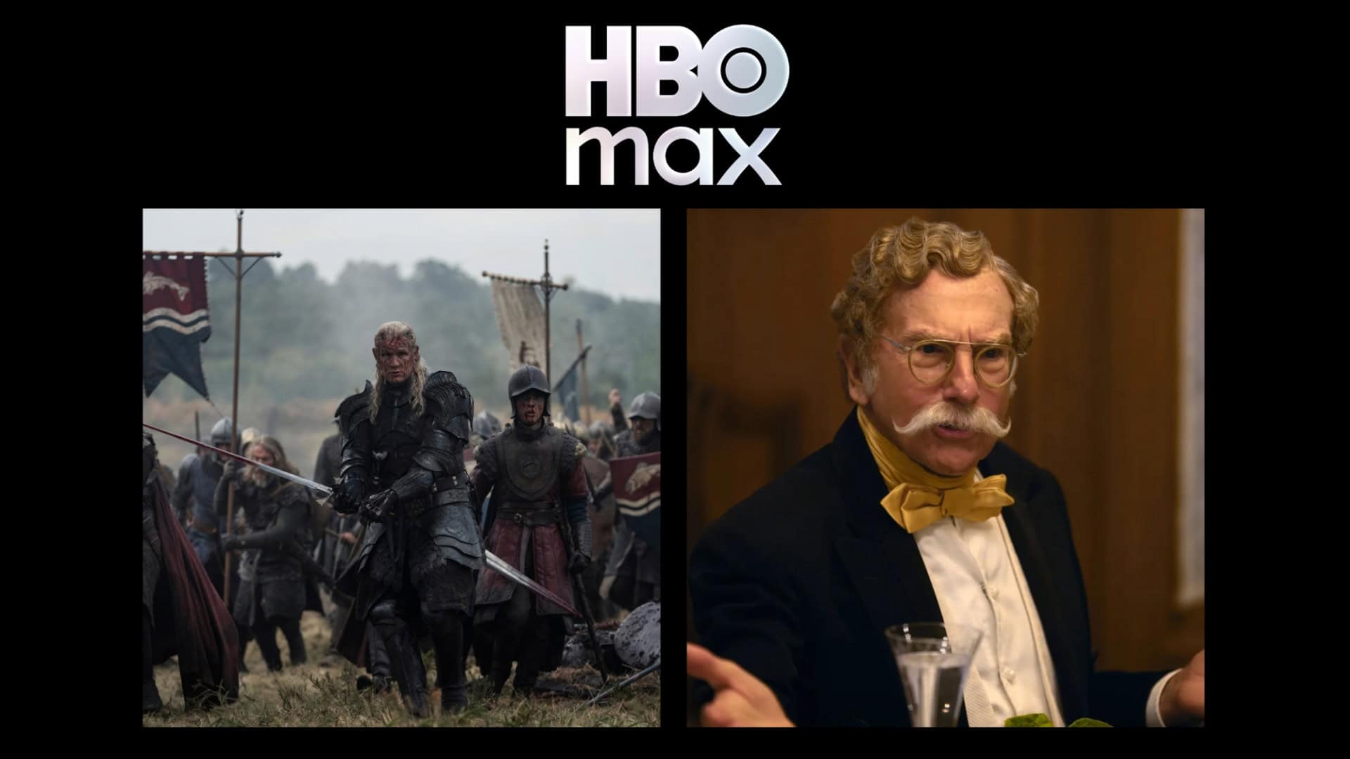 Montagem promocional da HBO Max destaca cenas de A Casa do Dragão e Larry e a Busca da Infelicidade, lançamentos da semana no streaming