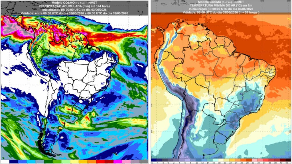 Montagem com mapas meteorológicos publicados pelo Inmet com a previsão do tempo para entre os dias 4 e 8 de junho de 2026