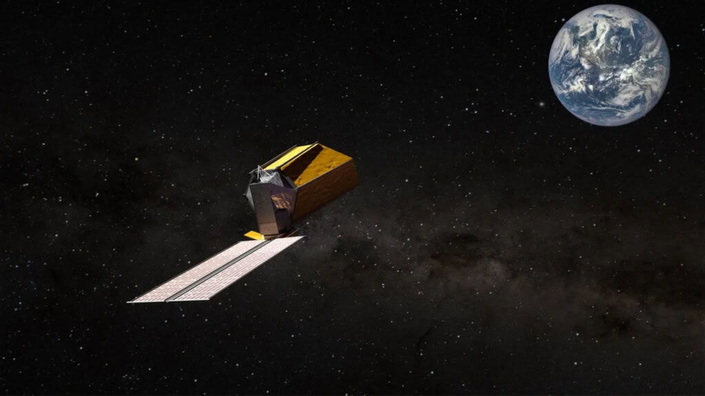 Ilustração artística do Observatório de Mundos Habitáveis da NASA, com uma foto inserida da Terra tirada pela espaçonave Deep Space Climate Observatory (DSCOVR) – Imagem: NASA