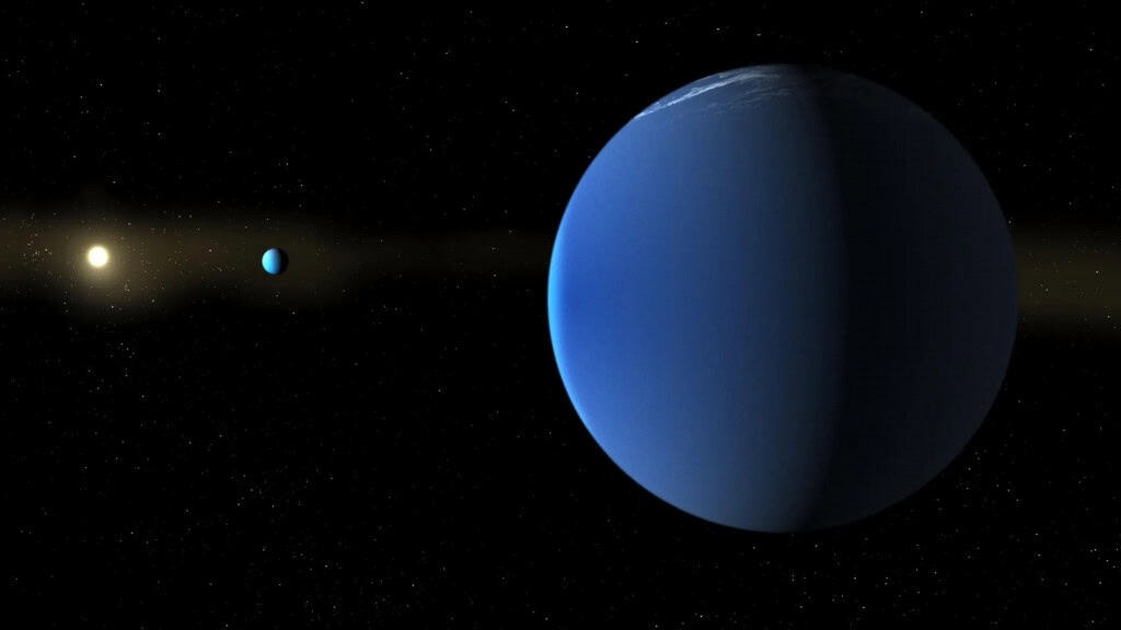 Ilustração retrata a estrela semelhante ao Sol TOI-791 e dois planetas gigantes que o telescópio espacial TESS, da NASA, descobriu em sua órbita