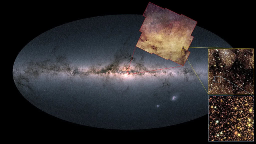 Uma imagem da Via Láctea vista da Terra, mostrando duas ampliações da área-alvo do Euclid.
