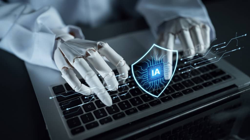 Mãos robóticas sobre um teclado de notebook representam agentes de inteligência artificial realizando tarefas automatizadas na internet.