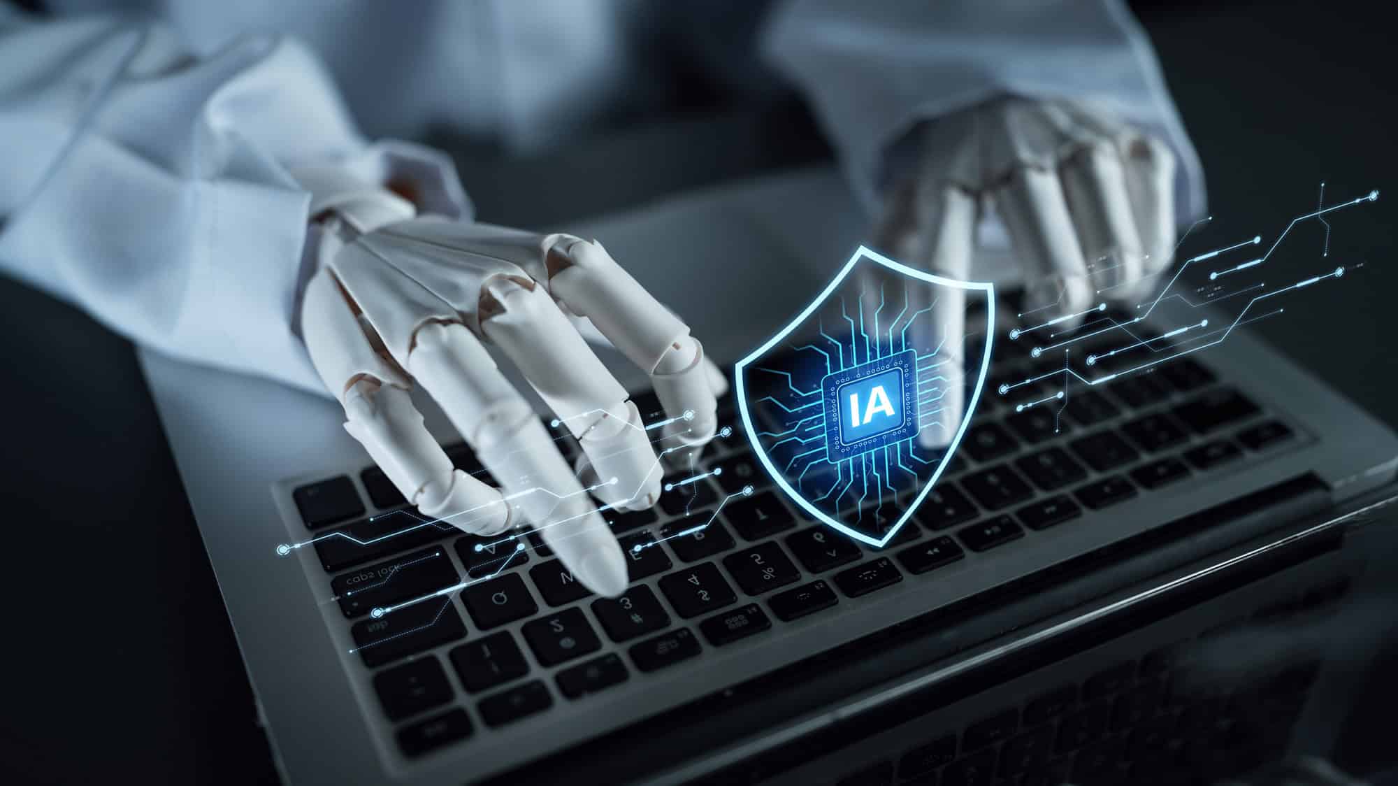 Mãos robóticas sobre um teclado de notebook representam agentes de inteligência artificial realizando tarefas automatizadas na internet.