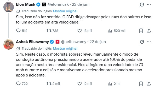 Print de postagem de Elon Musk e Ashok Elluswamy na rede social X