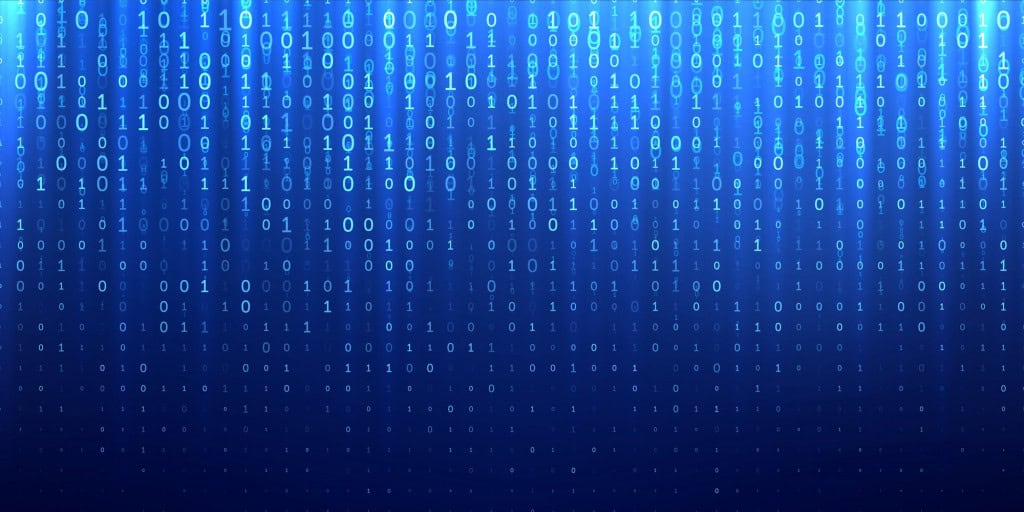 Ilustração com números binários em fundo azul representando o sistema tradicional de computação digital baseado em bits.