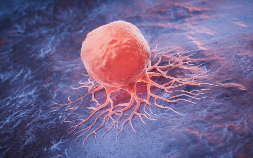 Ilustração 3D de uma célula cancerosa vista de perto, com prolongamentos que representam sua interação com o tecido ao redor.
