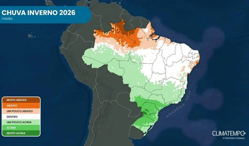 Mapa de precipitação do inverno de 2026, do Climatempo