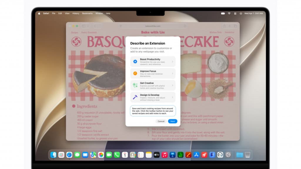 O recurso Descrever uma Extensão permite que os usuários criem uma extensão personalizada para o Safari simplesmente descrevendo o que desejam que ela faça