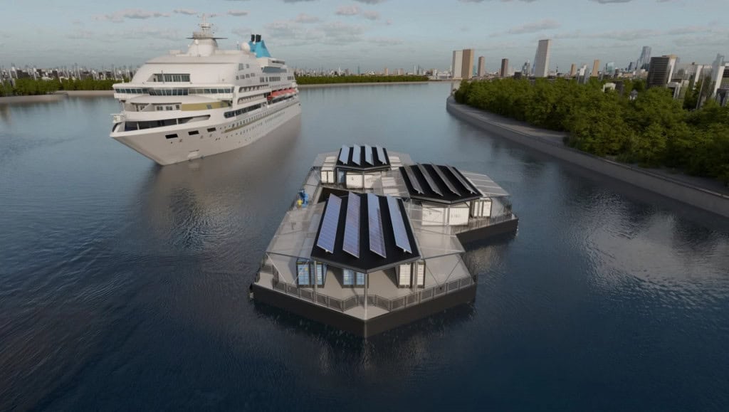 navio atracado em plataforma de reabastecimento com hidrogênio.