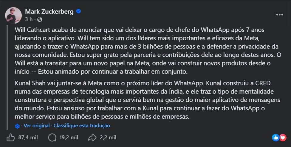 Mark Zuckerberg anuncia mudanças no WhatsApp em sua página oficial do Facebook