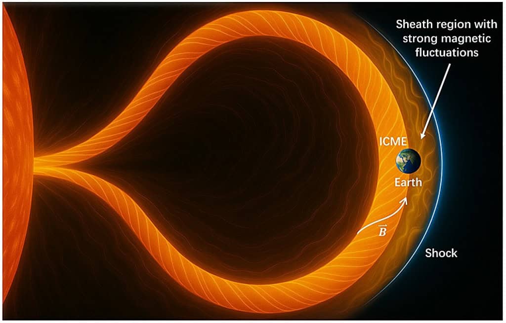 Ilustração da corda de fluxo magnético de uma ICME passando pela Terra em 4 de novembro de 2021, precedida por um choque interplanetário e uma região de bainha (*sheath*) com intensas flutuações magnéticas. 