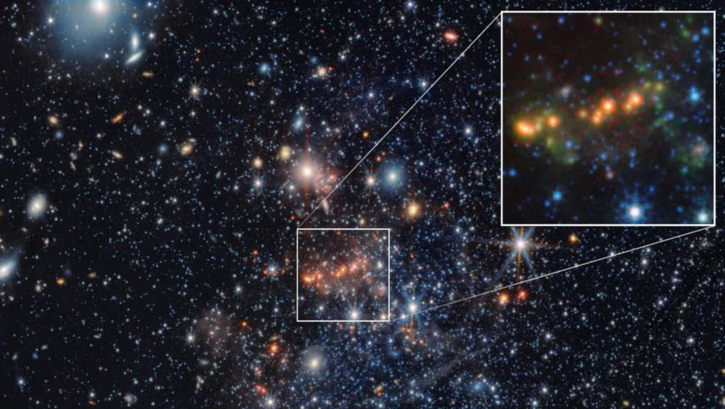 A galáxia anã Sextans A observada pelo Telescópio Espacial James Webb.