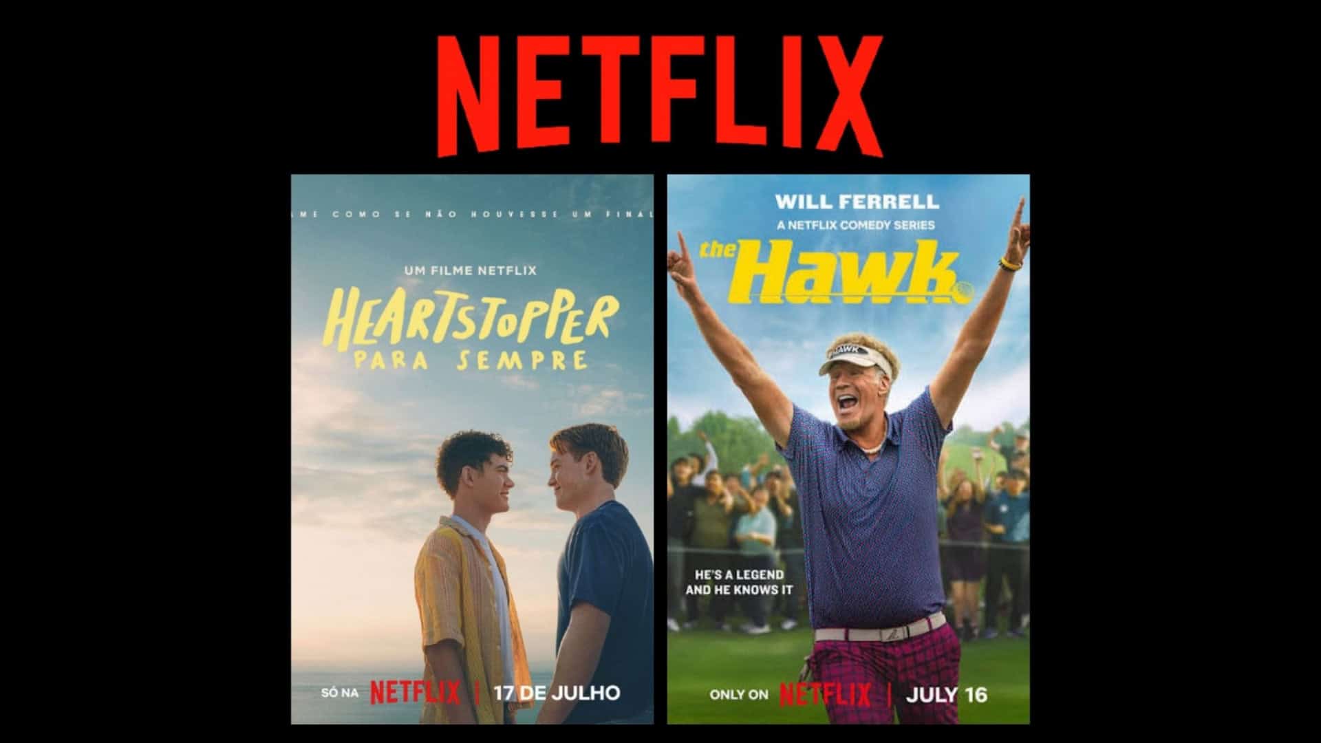 Montagem com pôsteres de Heartstopper Para Sempre e Falcão do Golfe