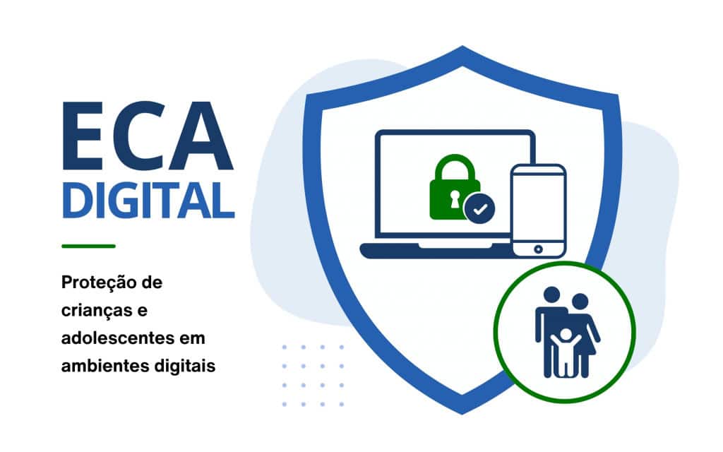 Ilustração representa o ECA Digital com dispositivos eletrônicos e um escudo que simboliza a proteção de crianças e adolescentes no ambiente digital.
