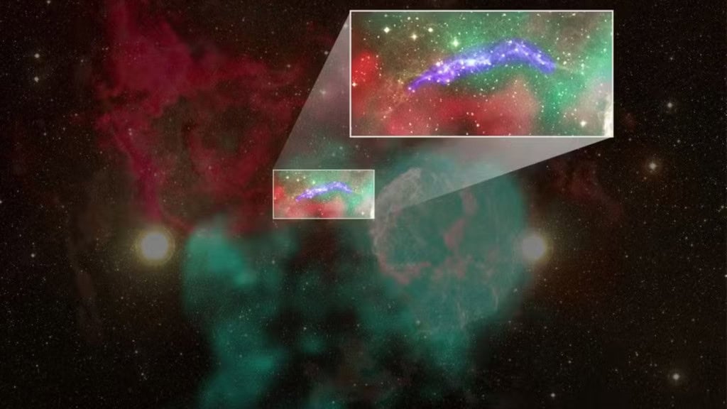 Filamento identificado em comprimentos de onda ópticos e ultravioleta revela os limites de G189.6+3.3 e indica que a estrutura corresponde a um remanescente de supernova distinto da IC 443.