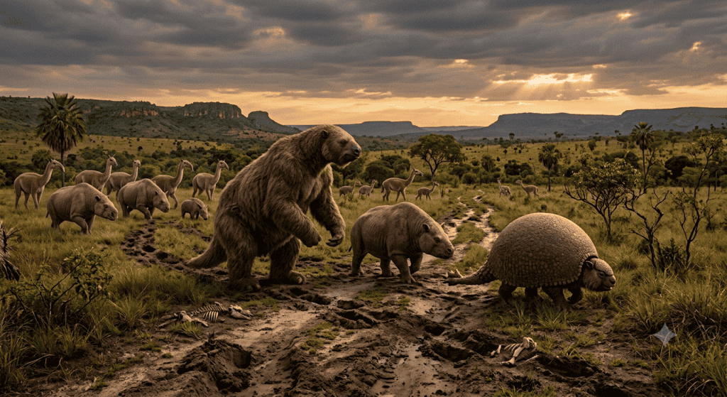 Imagem criada pro IA para representar a megafauna do Pampa brasileiro