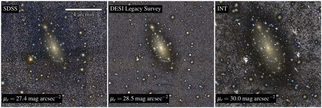 Comparação de imagens compostas em cores de IC 1101 obtidas por diferentes levantamentos astronômicos. Da esquerda para a direita, estão imagens do SDSS DR16, do DESI Legacy Imaging Surveys DR9, baseado em observações do DECaLS, e dos dados coletados pela câmera WFC do Telescópio Isaac Newton apresentados neste estudo