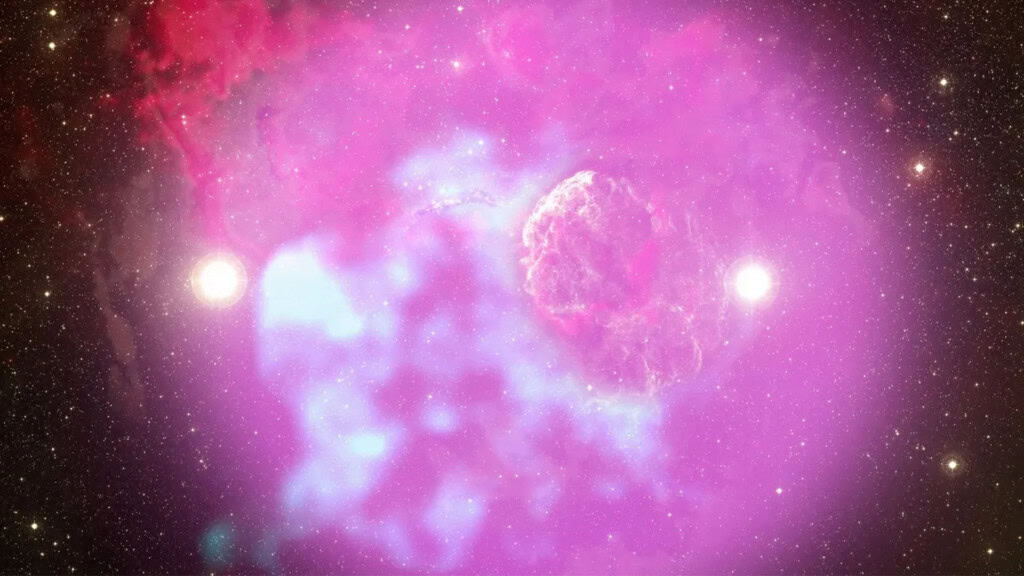 Imagem composta da região IC 443 combina diferentes comprimentos de onda com dados de raios gama captados pelo telescópio Fermi.