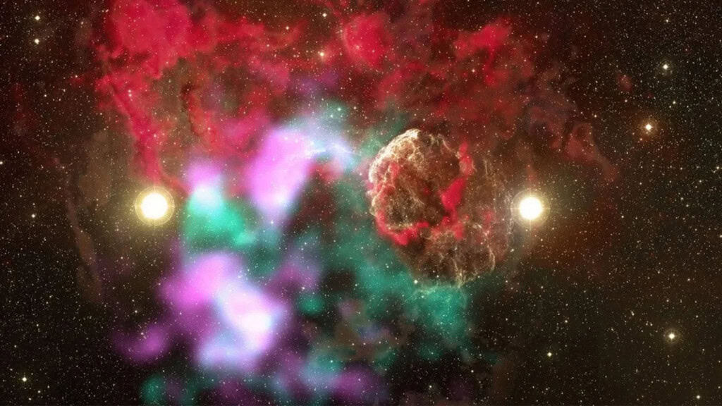 Imagem em múltiplos comprimentos de onda revela a Nebulosa da Água-Viva, uma nuvem interestelar e o filamento associado ao remanescente de supernova G189.6+3.3.