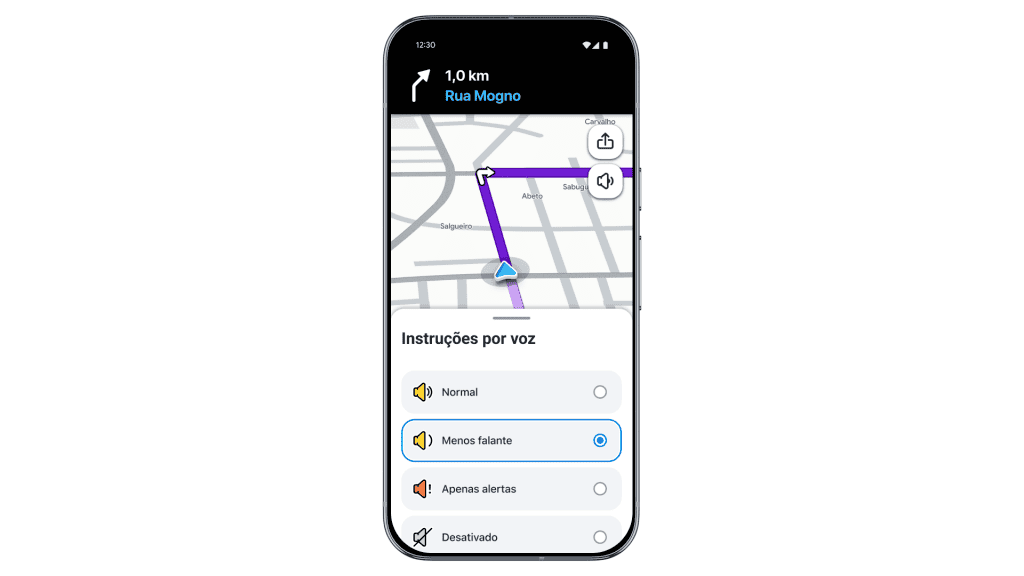 Tela do Waze mostra a configuração de instruções por voz com a opção 