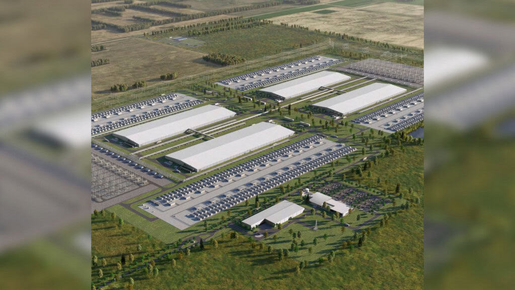Renderização de visão aérea de mega data center da Meta no Canadá