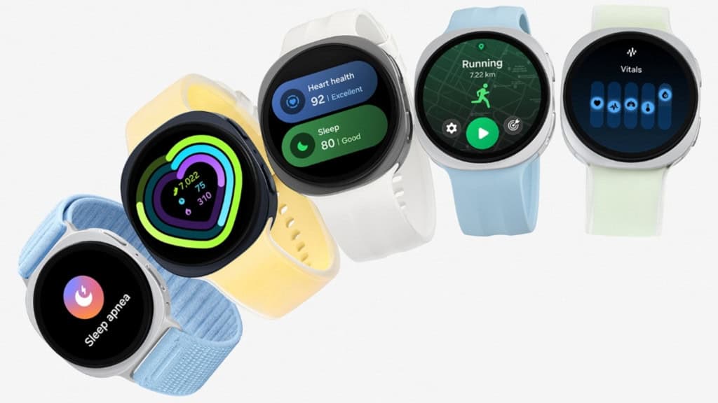 O Galaxy Watch9 está disponível com diferentes materiais e cores de pulseira, incluindo opções de silicone macio e tecido leve
