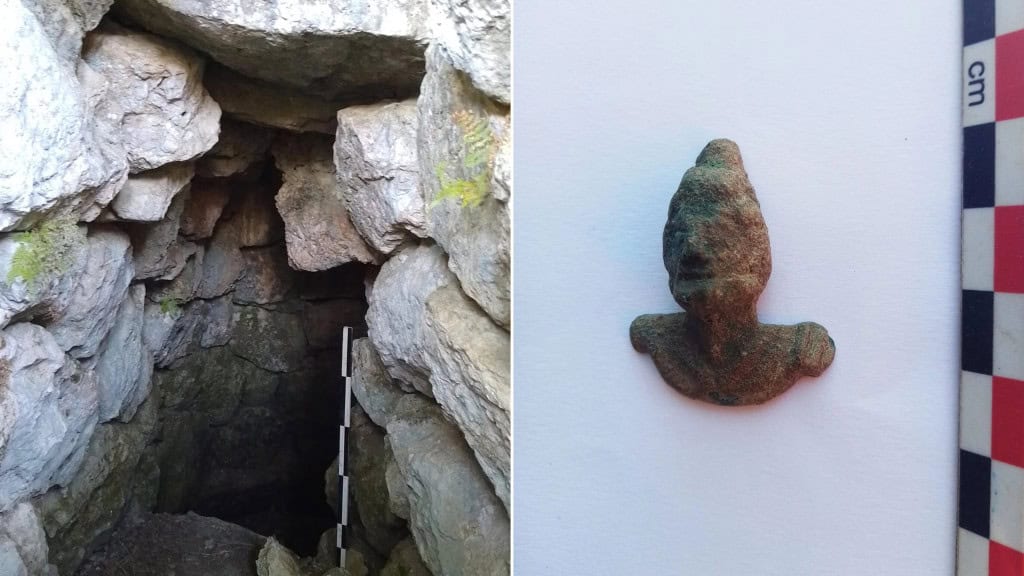 O interior da câmara subterrânea construída sobre uma nascente; um pequeno busto de bronze de Odisseu encontrado no Odysseion.