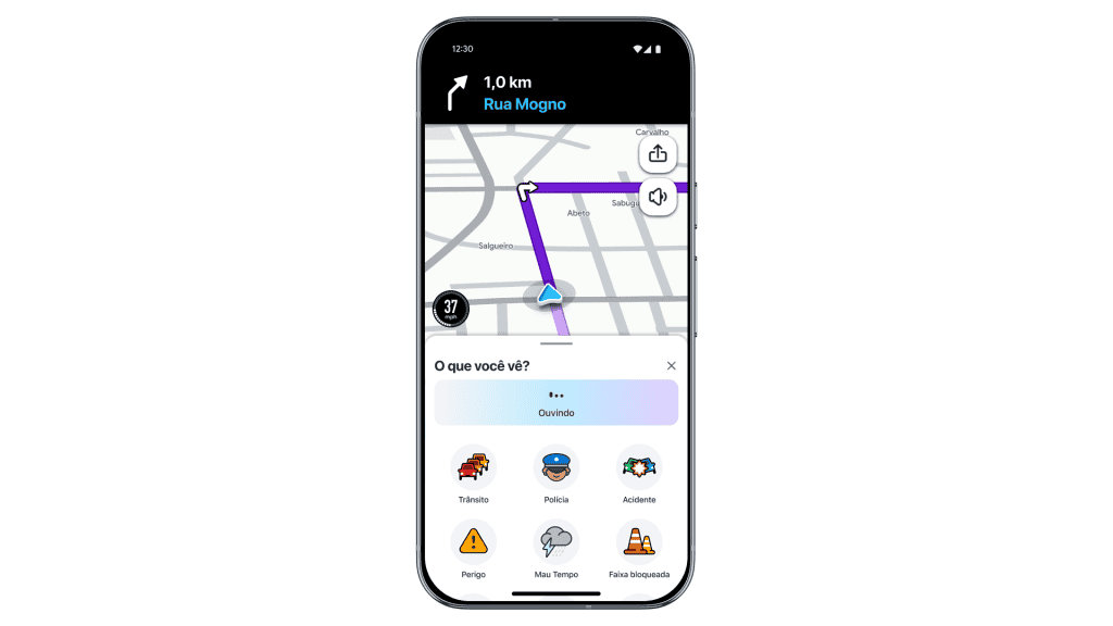Tela do Waze exibe a função Relatórios Conversacionais com opções para informar trânsito, acidentes e outras ocorrências.