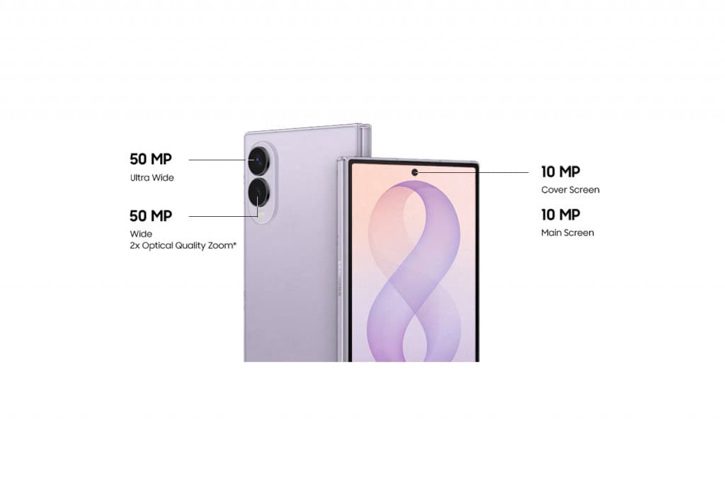 Galaxy Z Fold8 com destaque para o conjunto de câmeras traseiras de 50 MP e sensores frontais de 10 MP