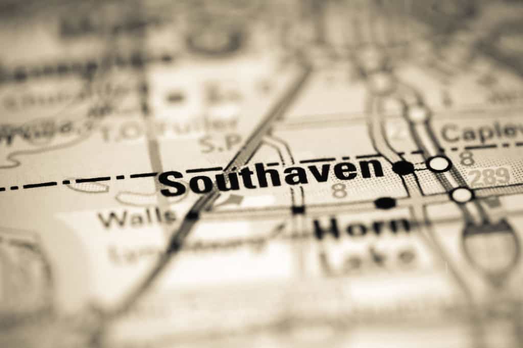 mapa mostrando a cidade de Southaven, no Mississippi