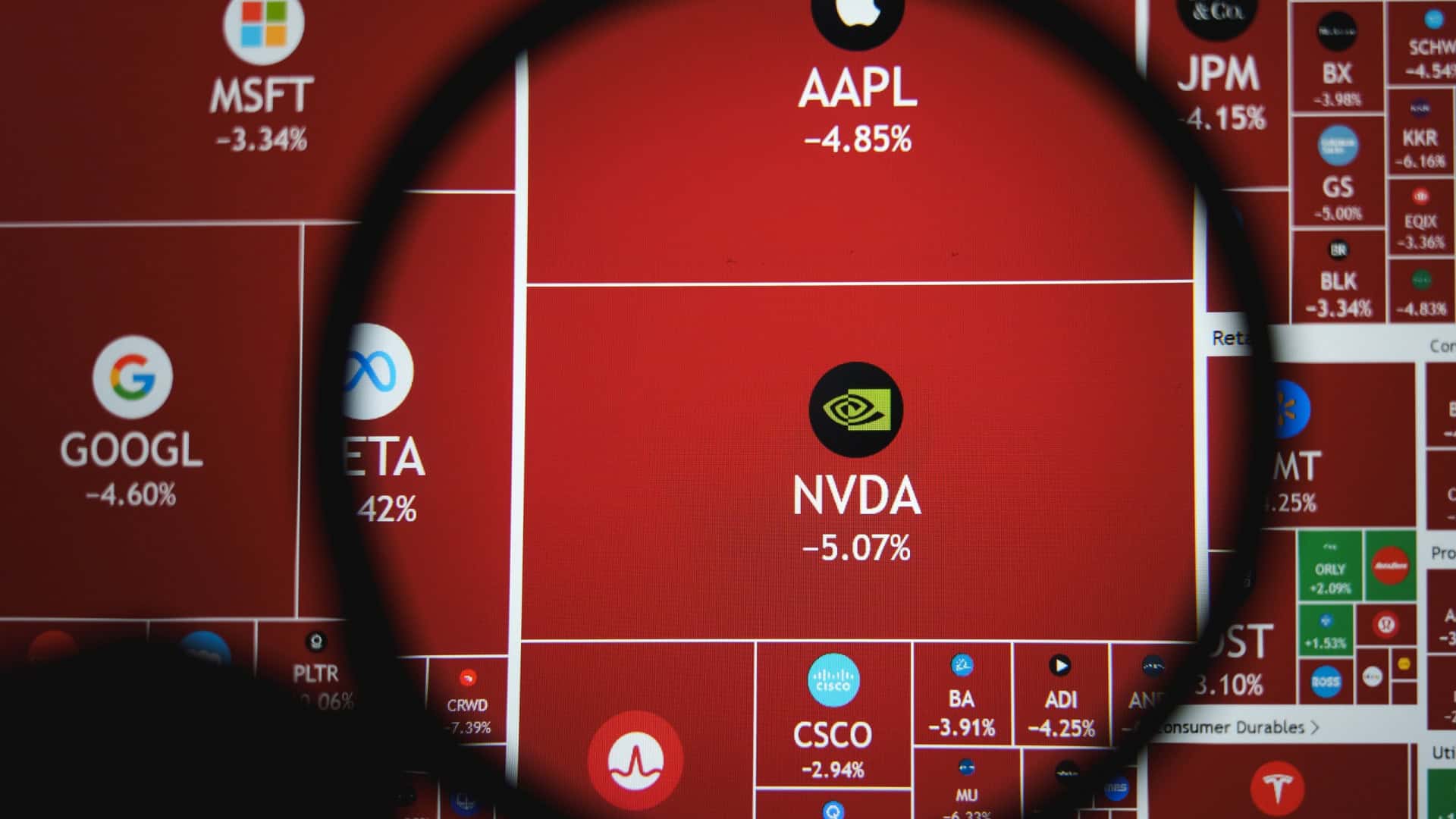 Ações de Nvidia e Apple destacadas por uma lupa