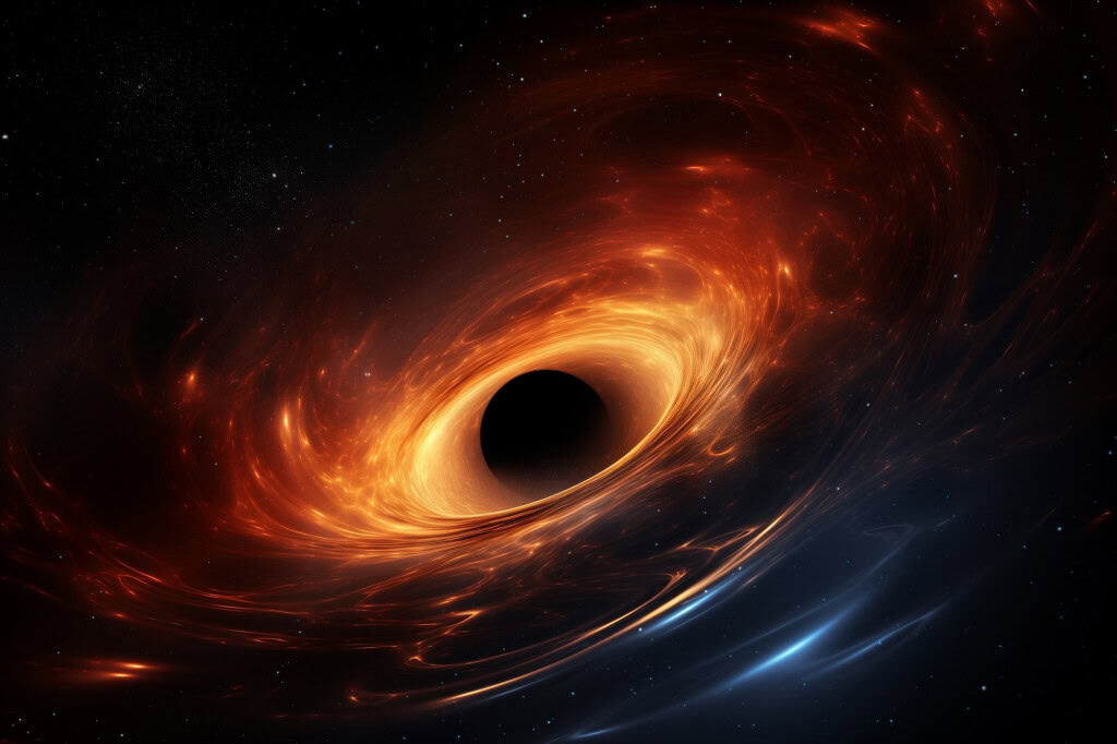 Ilustração de um buraco negro envolto por um disco brilhante de gás e poeira aquecidos, em meio ao espaço estrelado.