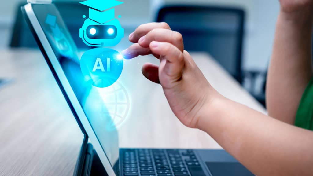 Criança aprendendo conteúdos educacionais com inteligência artificial